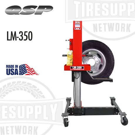 Red tire changer with a wheel on a white background, featuring QSP and TIRE SUPPLY NETWORK branding. QSP | Wheel Lift - Air Operated - 350 lb Capacity (LM-350)