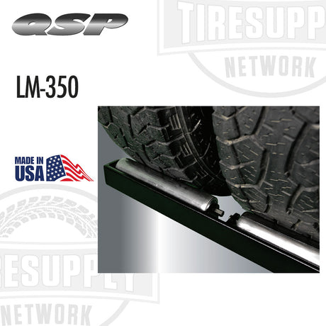 Tire with a metal lip and QSP branding on a white background. QSP | Wheel Lift - Air Operated - 350 lb Capacity (LM-350)