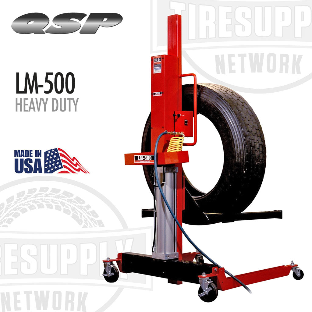 Red tire changer with a tire on it, branded as QSP, on a white background. QSP Heavy Duty Wheel Lift - Air Operated - 500 lb Capacity (LM-500)