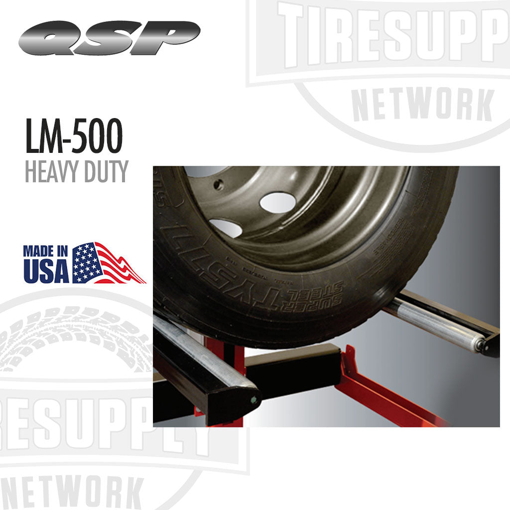 Heavy-duty tire lift with tire on a white background featuring QSP and TIRE SUPPLY Network logos. QSP Heavy Duty Wheel Lift - Air Operated - 500 lb Capacity (LM-500)