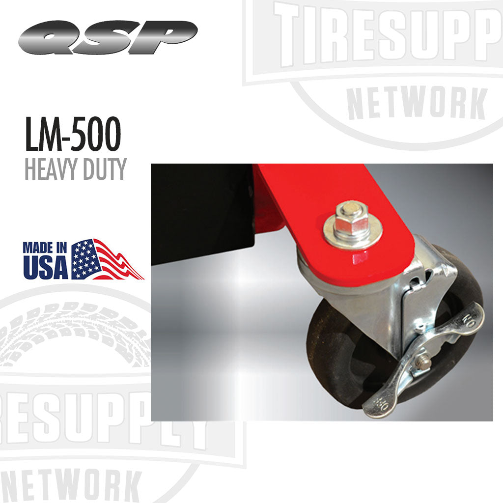 Heavy-duty caster wheel with red brake band and QSP branding on a white background. QSP Heavy Duty Wheel Lift - Air Operated - 500 lb Capacity (LM-500)