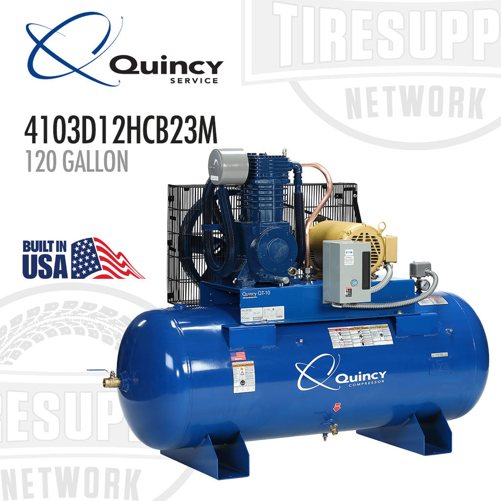 Blue Quincy air compressor with branding and product details on a white background. 4103D12HCB23M 120 Gallon