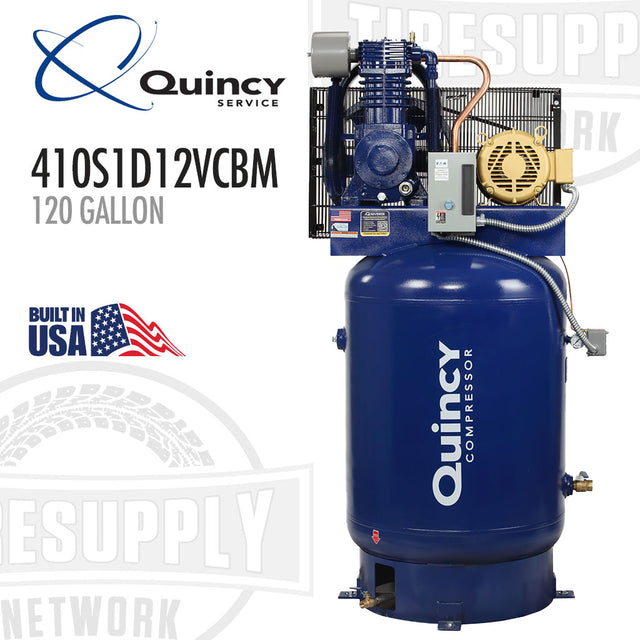 Blue Quincy compressor with branding and product details on a white background. 410S1D12VCBM. 120 Gallon.