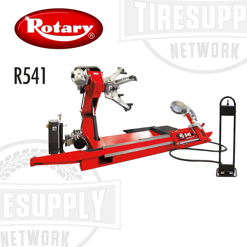 A red and black Rotary R541 heavy duty truck tire changer with a hydraulic pump and cable reel.