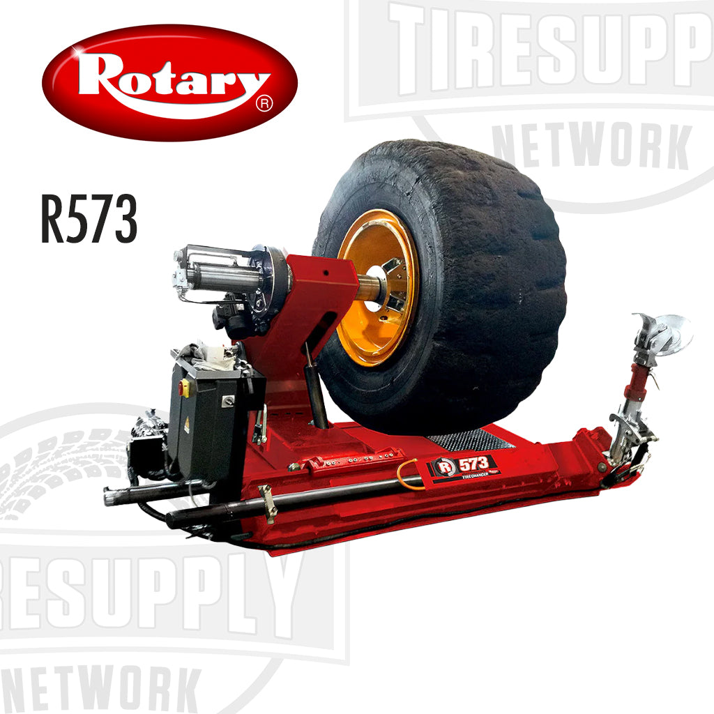A Rotary brand heavy duty truck tire changer machine, model R573, with a large wheel attached to a red frame and various tools visible.