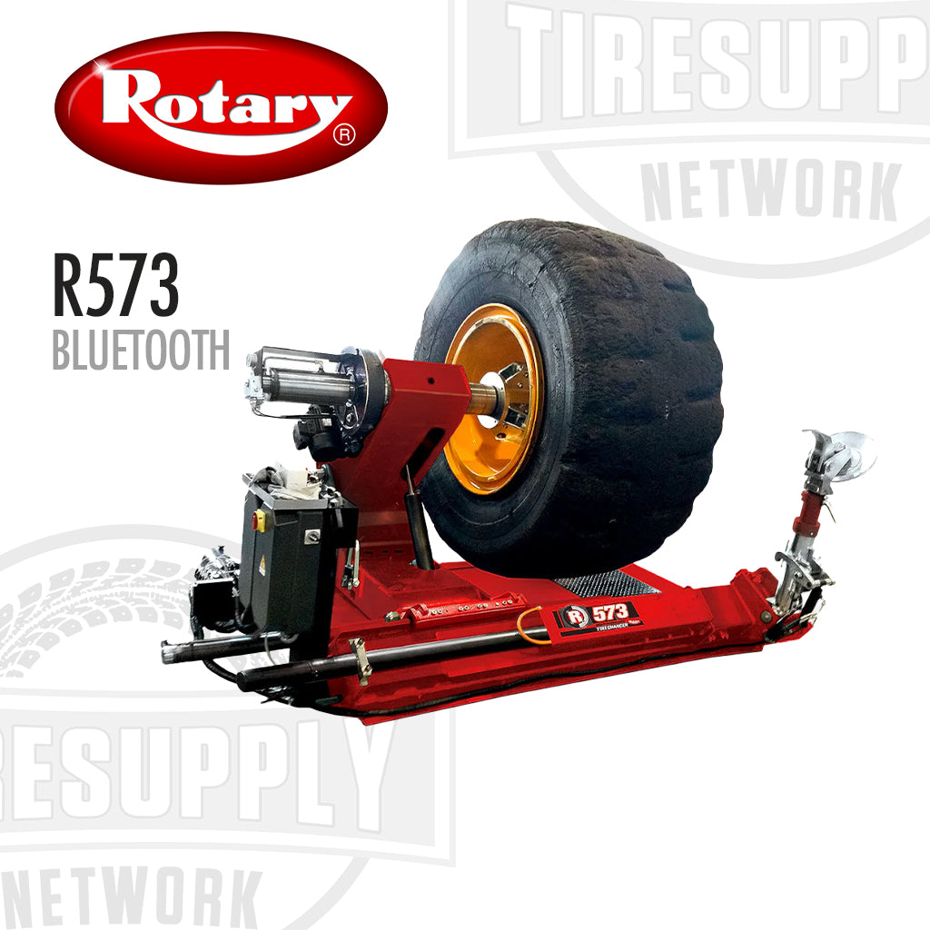 A Rotary brand heavy duty truck tire changer with a large wheel attached to a red and black machine, featuring Bluetooth control unit. R573BT