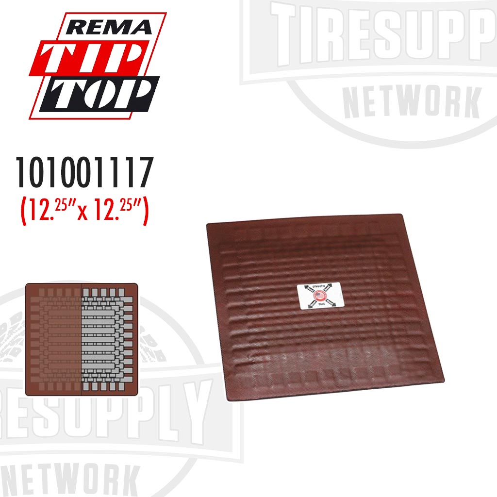 A brown Rema tire repair patch with a basket weave pattern, displayed alongside its packaging that indicates size 101001117 and specifies the product as uncured.