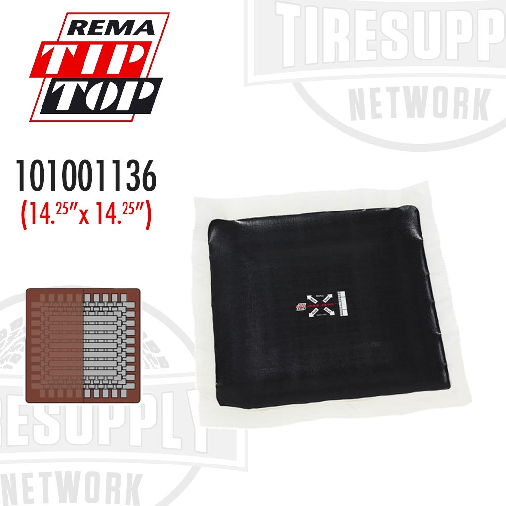 A black Rema Tire Supply clothback OTR-B CB 010 basket bias repair unit, displayed with dimensions 14.25" x 14. 101001136