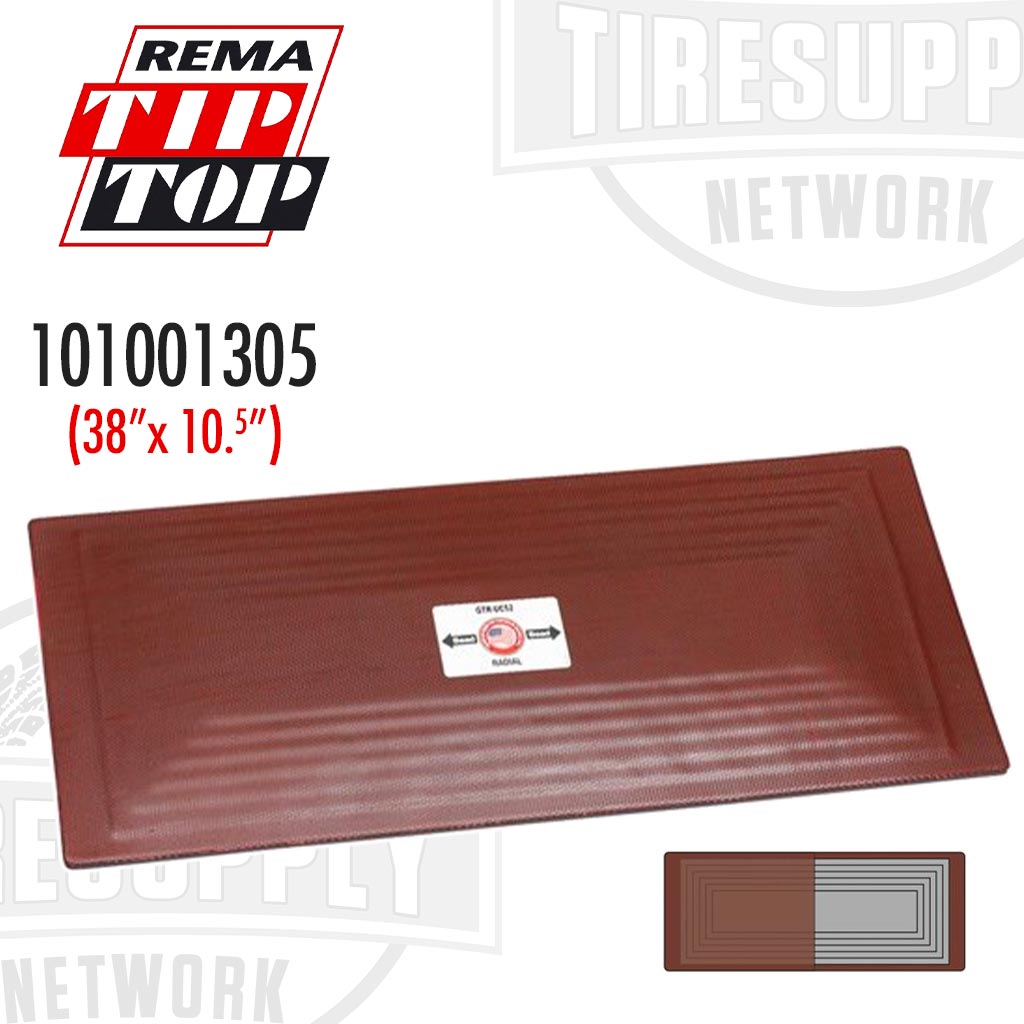 A brown Rema brand tire repair unit for radial tires, with dimensions indicated as 10.5 inches by 38 inches. 101001305