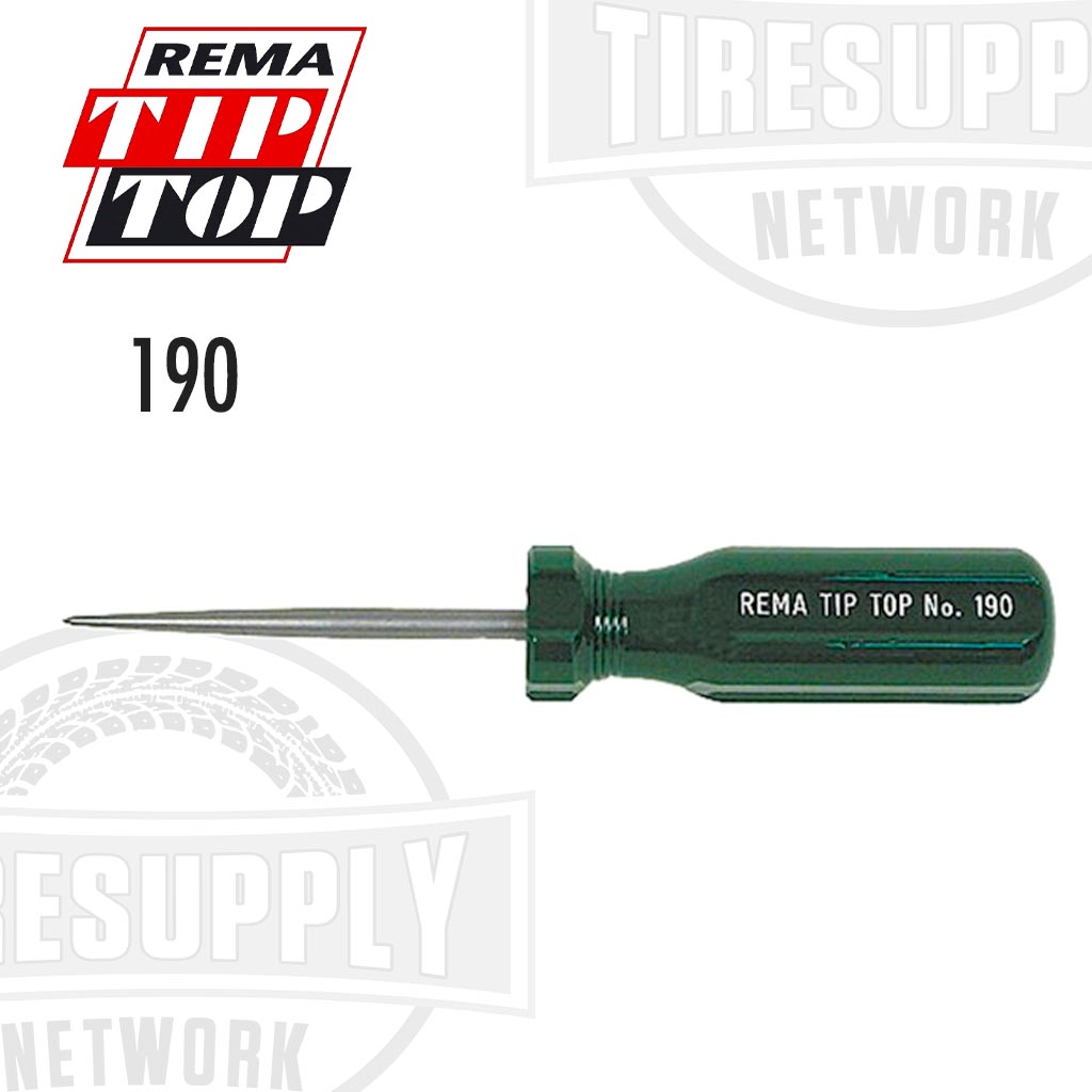 A pointed metal awl with a green handle, labeled with 'REMA TIP TOP No: 190' on the handle.