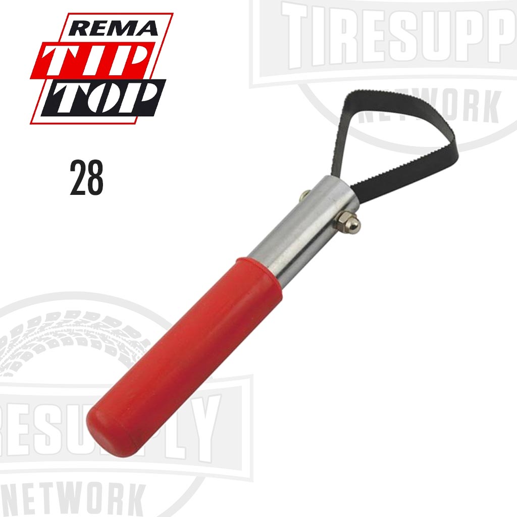 A red and black Rema rubber scraper tool with a metal probe and handle. 28