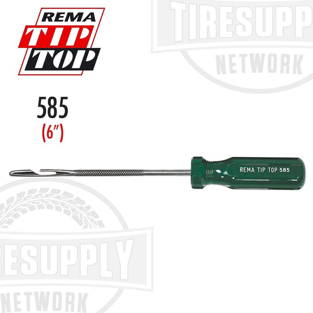 A 6-inch Rema 585 Sealastic insertion tool with a plastic handle, primarily green in color, used for tire repair.