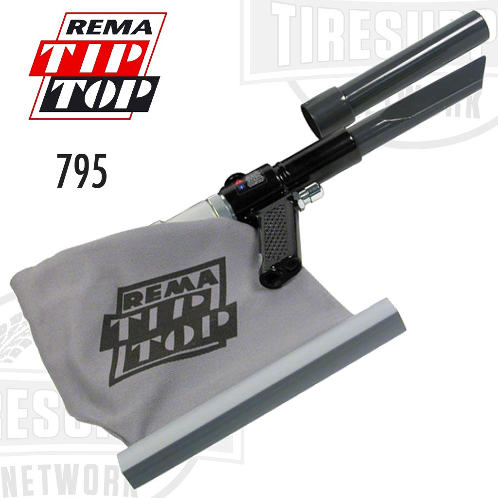 Hand-held air-operated wet/dry vacuum cleaner with a gray bag and black plastic body, branded with Rema Tip Top logo and model number 795.