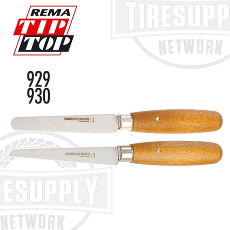 Two skiving knives with wooden handles and steel blades, one with a flexible blade and round tip, and the other with a rigid blade and tapered tip.