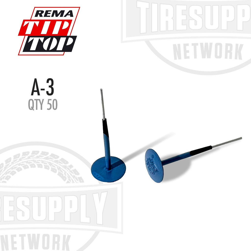 Two blue tire pressure monitoring sensors with REMA Tip Top and Tire Supply Network branding on a white background. A-3