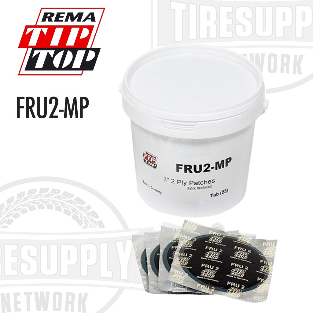 A white container labeled 'FRU2-MP' from Rema Tip Top, alongside multiple black tire repair patches packaged individually.