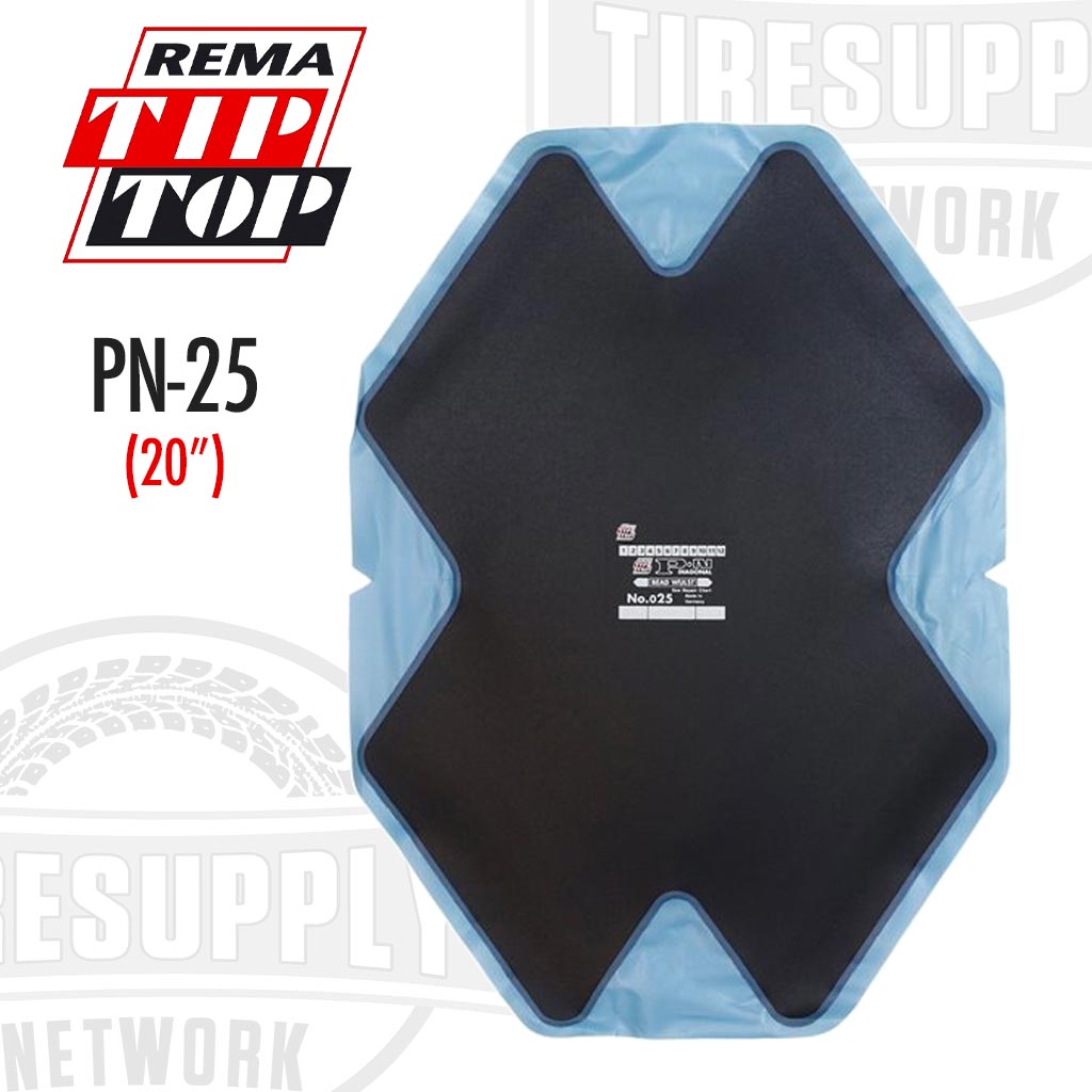 A blue REMA TIP TOP bias repair unit (PN-25) with red and white branding text on it, indicating a 20 inch size and 6 plies.