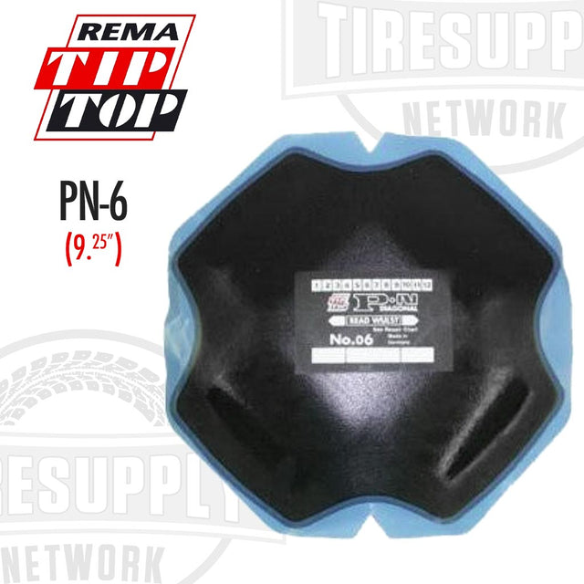 REMA TIP TOP bias repair unit with 6 plies, size 9 1/4 inches, model PN-6, predominantly black with blue bonding layer.