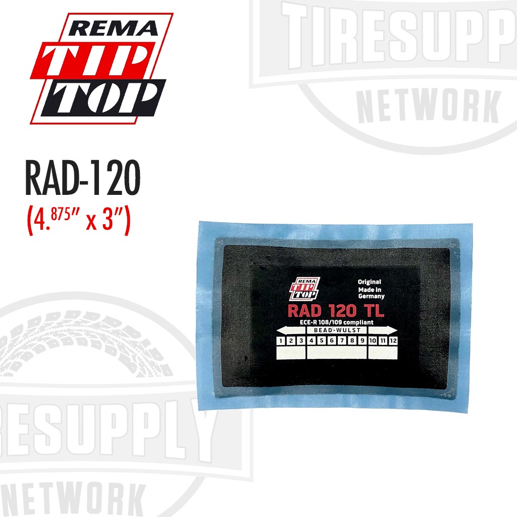Packaging of Rema Radial Tire Patch Repair Unit RAD-120, showing the product name and size, against a white background.