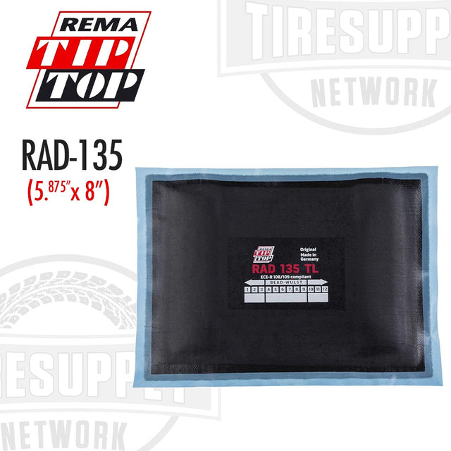 A Rema radial tire patch repair unit, model RAD-135, displayed on a white background, predominantly black in color with a blue border.