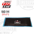 A Rema radial tire patch repair unit with a blue and black color scheme, labeled RAD-144 and measuring 13 inches by 5.25 inches. RAD-144