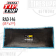 A black radial tire patch repair unit with blue bonding layer, branded by Rema Tip Top, RAD-146, measuring 17.25 inches by 7. RAD-146
