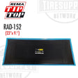 A Rema radial tire patch repair unit with a black surface and blue edges, labeled RAD-152, measuring 23 inches by 9.5 inches. RAD-152