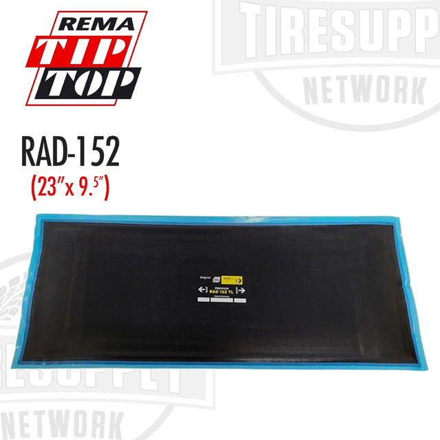 A Rema radial tire patch repair unit with a black surface and blue edges, labeled RAD-152, measuring 23 inches by 9.5 inches. RAD-152