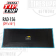 A black radial tire patch repair unit with a blue bonding layer, labeled 'REMA TIP TOP RAD-156 (29" x 10.5")' on a white background. RAD-156