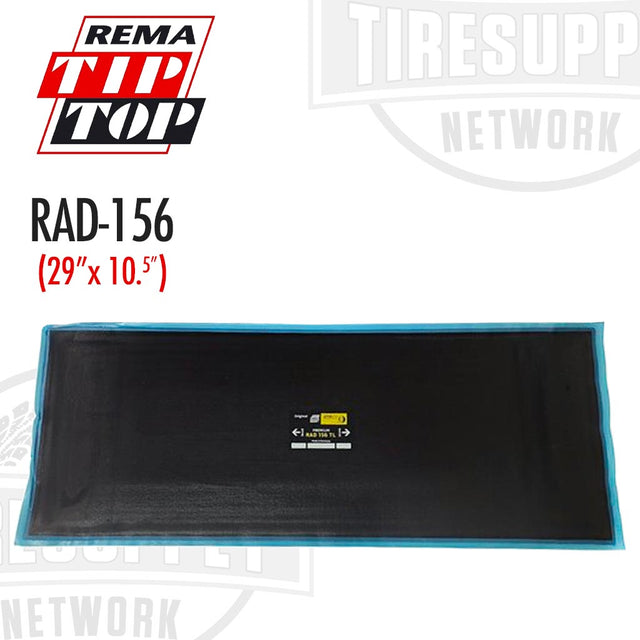 A black radial tire patch repair unit with a blue bonding layer, labeled 'REMA TIP TOP RAD-156 (29" x 10.5")' on a white background. RAD-156