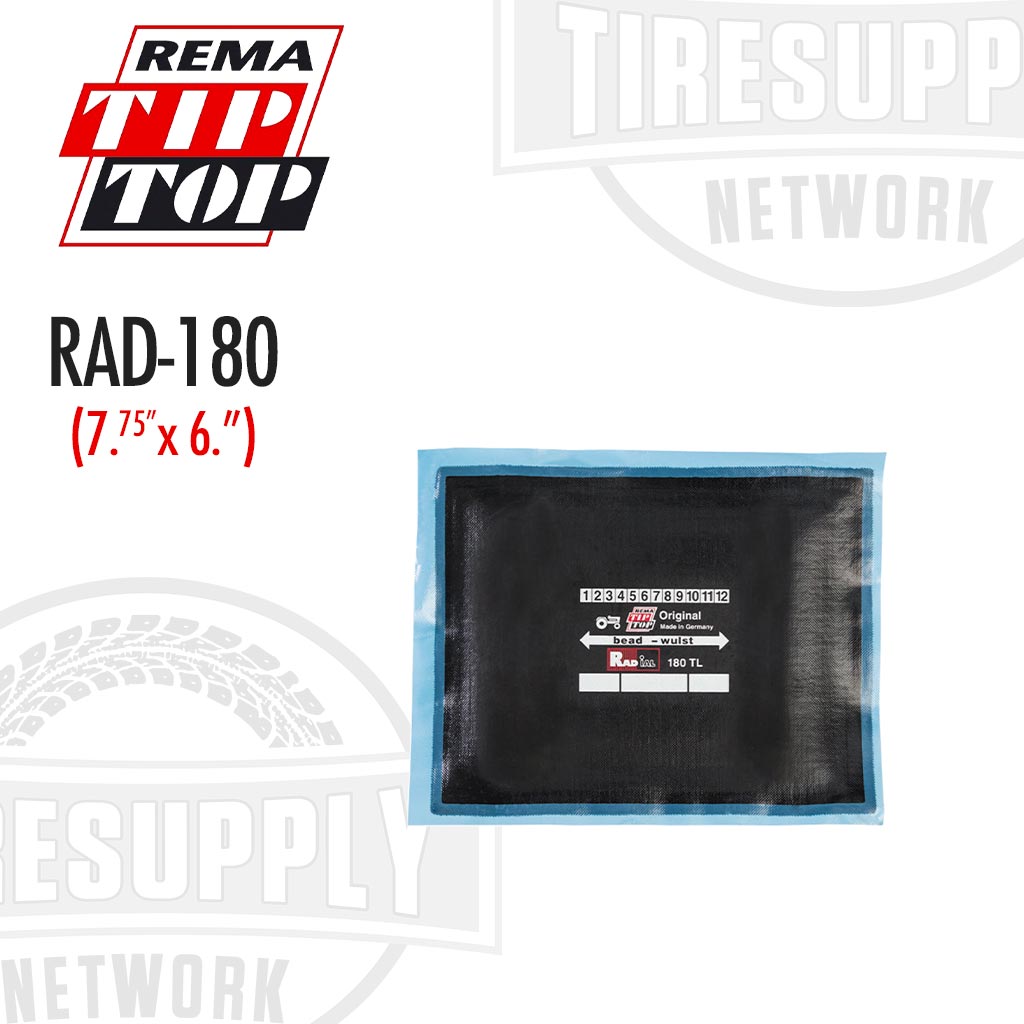 A Rema radial tire patch repair unit (RAD-180) with a size of 7.75 inches by 6 inches, featuring a blue bonding layer and black patch area, on a white background with branding text. RAD-180