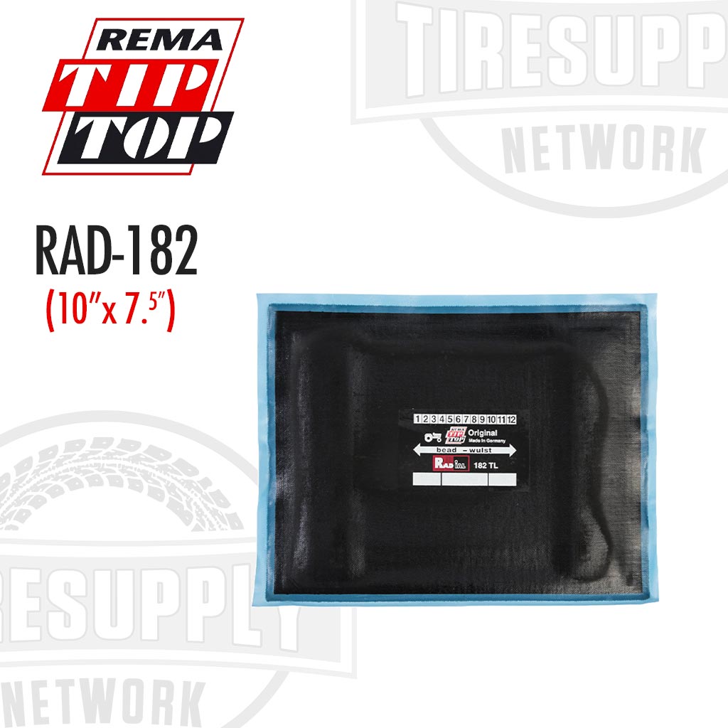 A black radial tire patch repair unit with a blue border and the brand name 'Rema' prominently displayed, alongside the product label 'RAD-182' with dimensions '10" x 7.5"'.