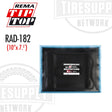 A black radial tire patch repair unit with a blue border and the brand name 'Rema' prominently displayed, alongside the product label 'RAD-182' with dimensions '10" x 7.5"'.