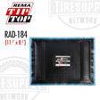 A black rectangular radial tire patch repair unit with a blue bonding layer, labeled 'REMA TIP TOP RAD-184' with dimensions '11.5 x 8.