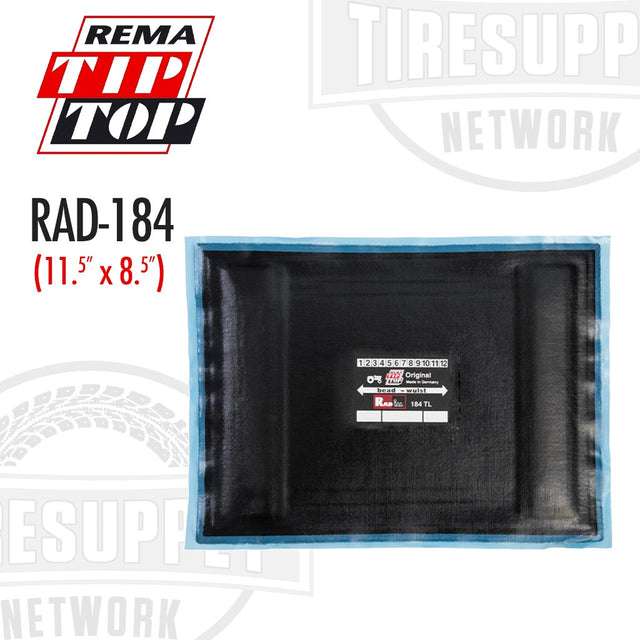 A black rectangular radial tire patch repair unit with a blue bonding layer, labeled 'REMA TIP TOP RAD-184' with dimensions '11.5 x 8.