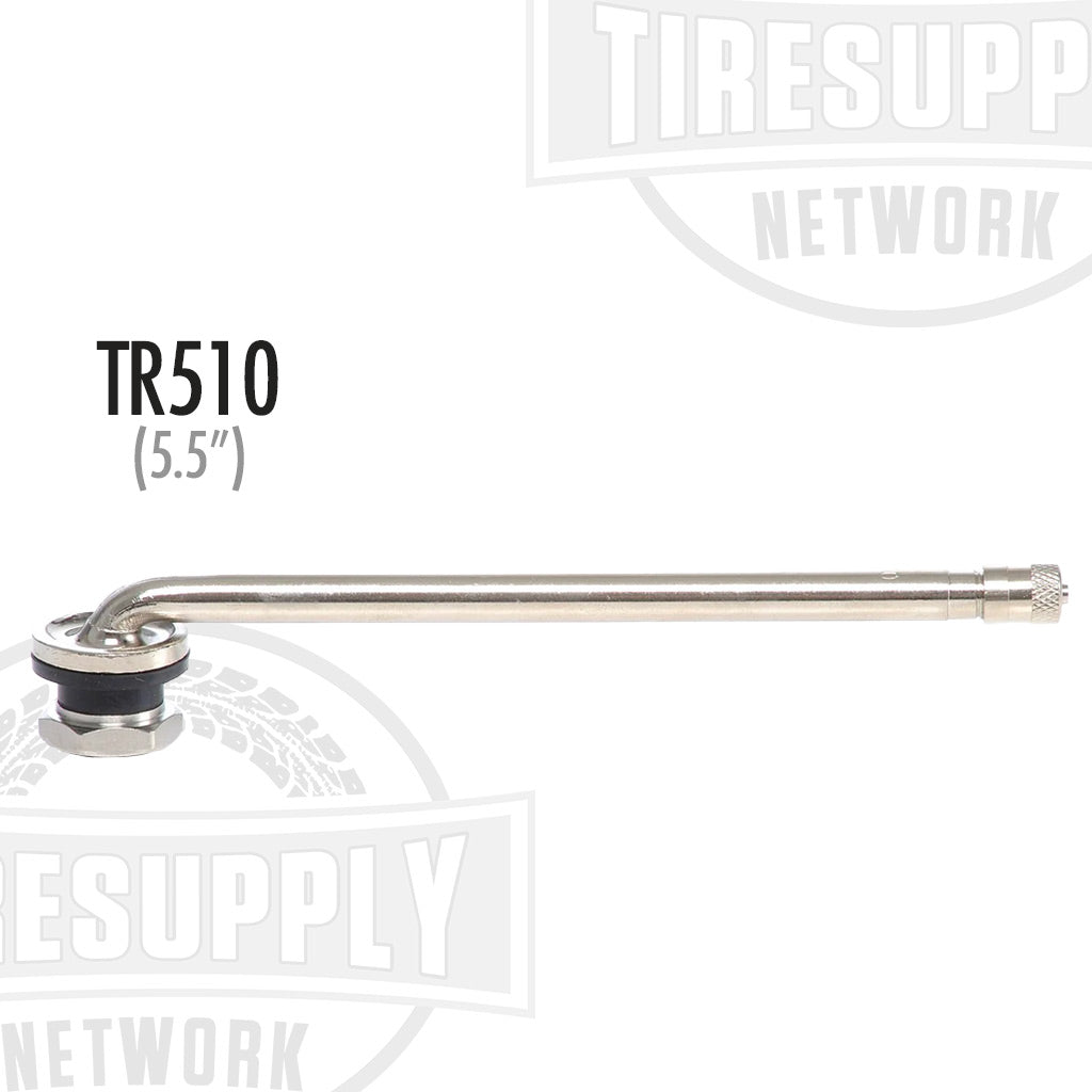 A silver-colored metal valve stem labeled TR510 used for aluminum truck wheels, displayed against a white background with the text 'Tiresupply Network'.