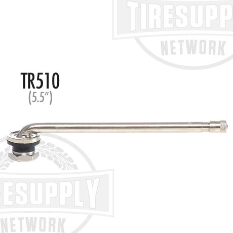 A silver-colored metal valve stem labeled TR510 used for aluminum truck wheels, displayed against a white background with the text 'Tiresupply Network'.