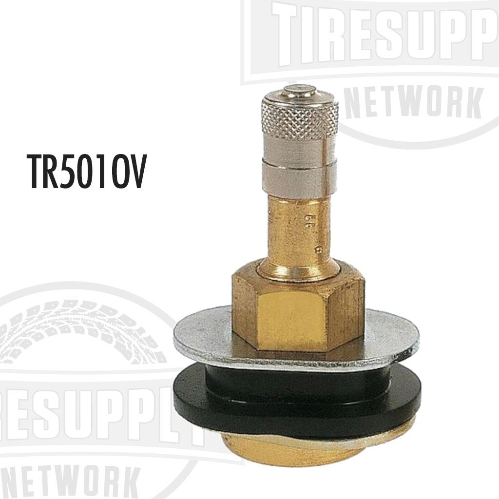 A brass truck valve with a metal stem and grommet, designed for use with 16 x 6 KS and 16 x 6 1/2 LS rim contours, featuring an oval valve hole. TR5010V