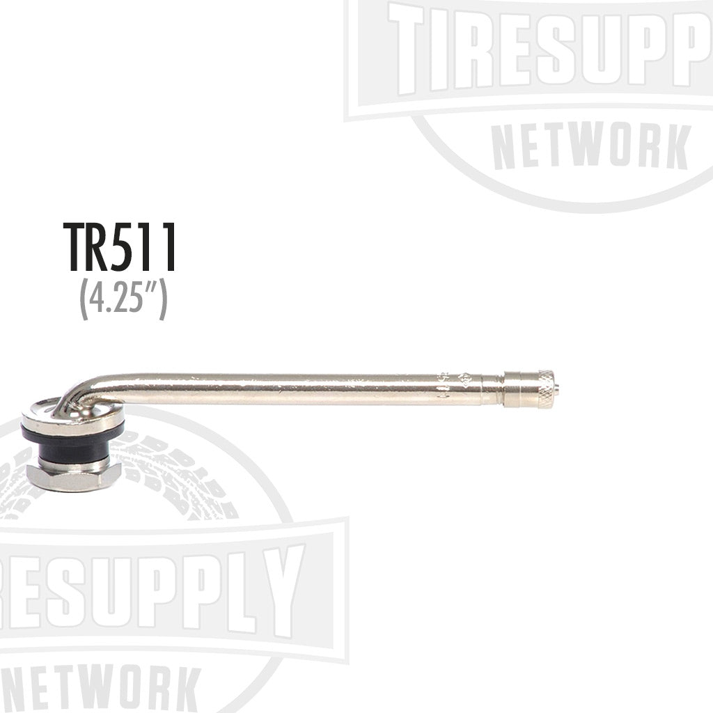 Valve stem for aluminum truck wheels, metallic in color, with a 90 degree bend angle, effective length 4 1/4 inches, labeled with 'TR511' and measurements.