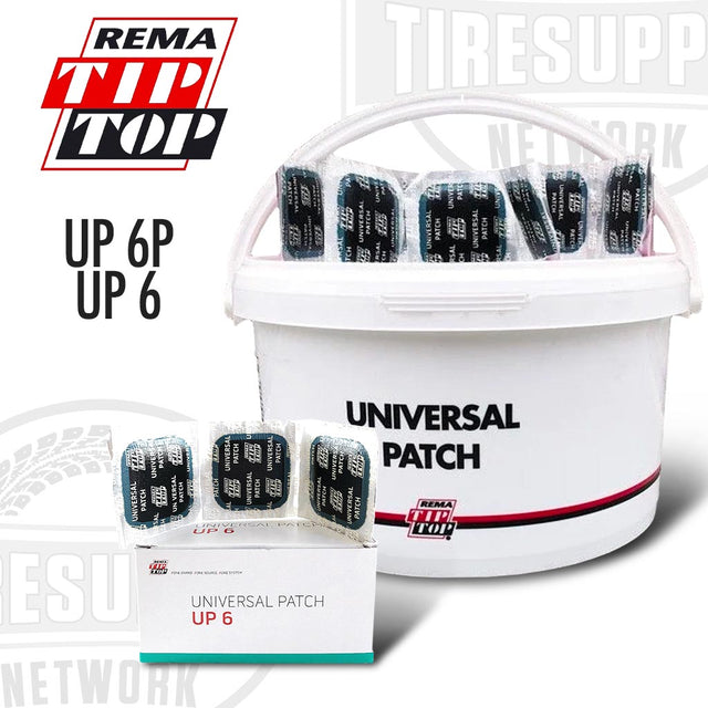 A box and a pail containing black tire repair patches with the Rema brand visible on the packaging.