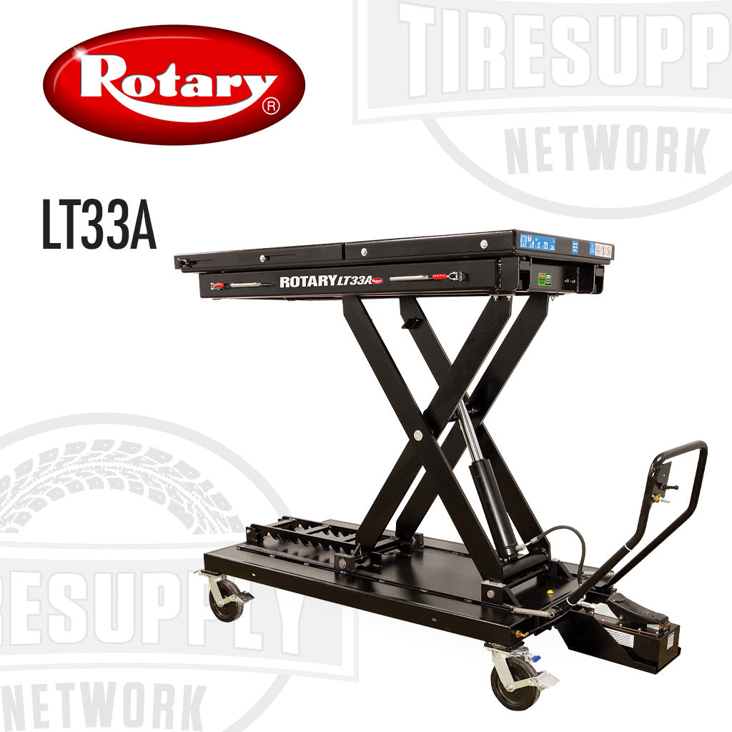 A black Rotary LT33A hydraulic lifting table for vehicles with a tilted platform and casters for mobility.
