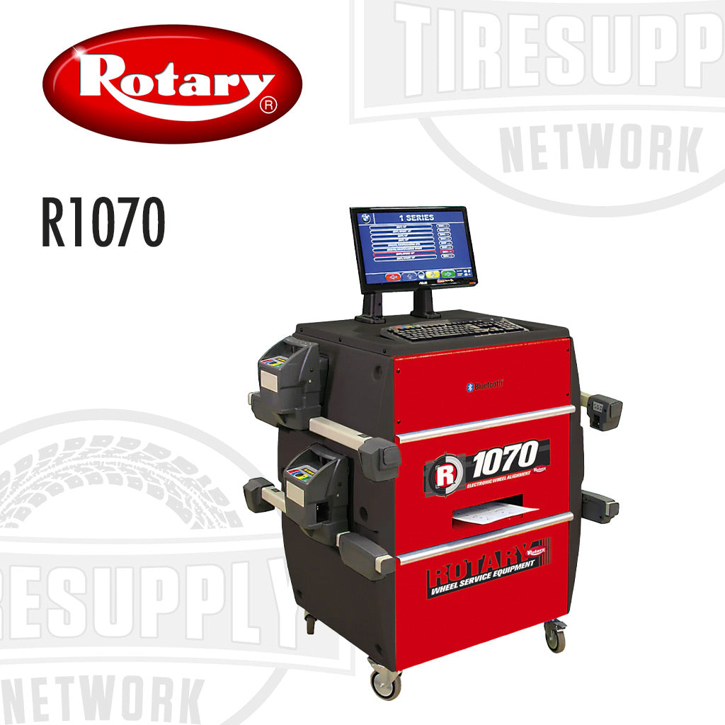 A red and black Rotary R1070 Pro 8-CCD Wheel Alignment System with a digital display and a printer attached.