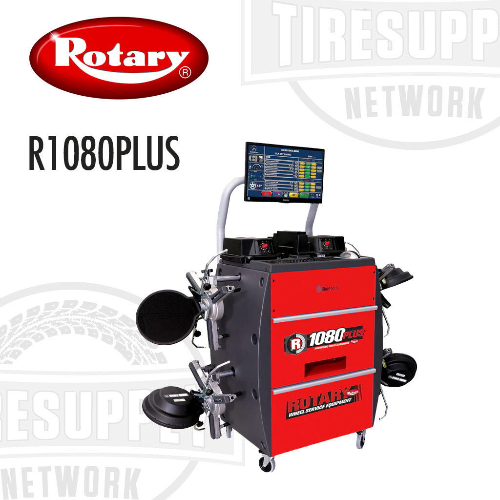 A red and black Rotary R1080PLUS 3D wheel alignment system with a control unit, measuring heads, and clamps set on a white background with the Tire Supply logo.