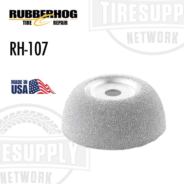 Buffing wheel with fine 170 grit for tire repair, labeled RH-107, made in USA.