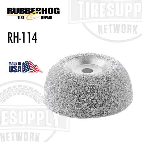 A gray Rubberhog buffing wheel with the label RH-114, designed for tire repair, indicating a 3-inch diameter and a 3/8-inch bore.