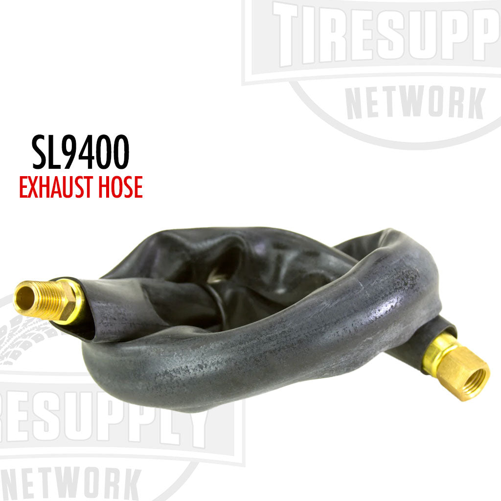 A black replacement exhaust hose for buffers, with gold-colored connectors on either end, displayed on a white background with the text 'SL9400 EXHAUST HOSE' and the 'TIRES_SUPPLY_NETWORK' logo.