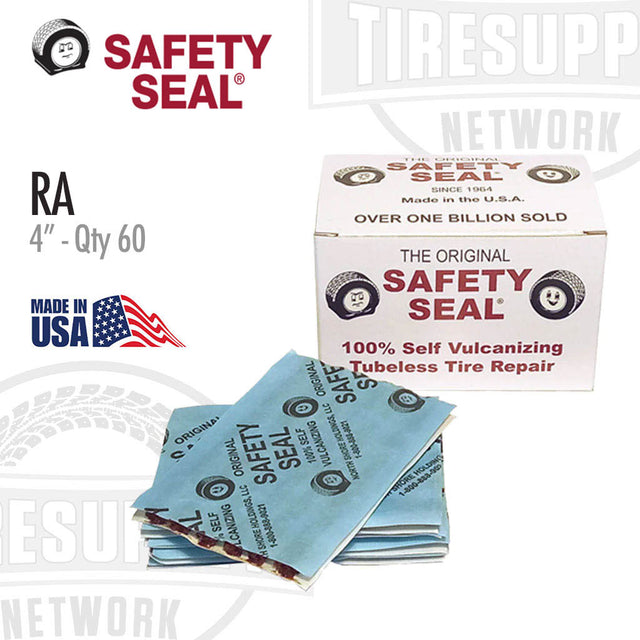 Safety Seal packaging with blue repair patches and white box on a white background. RA