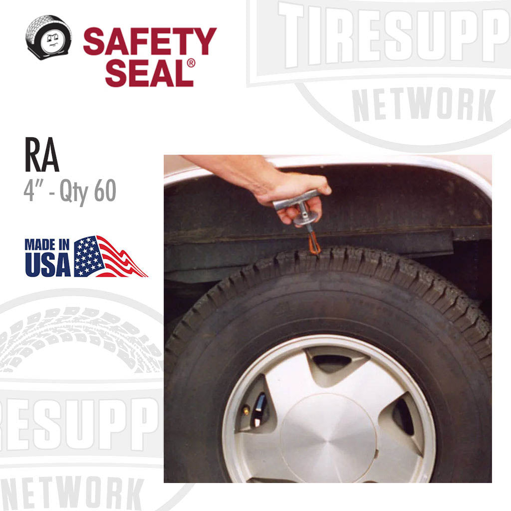 Safety Seal product with a tire and hand applying sealant, featuring the Safety Seal logo and 'Made in USA' text. RA