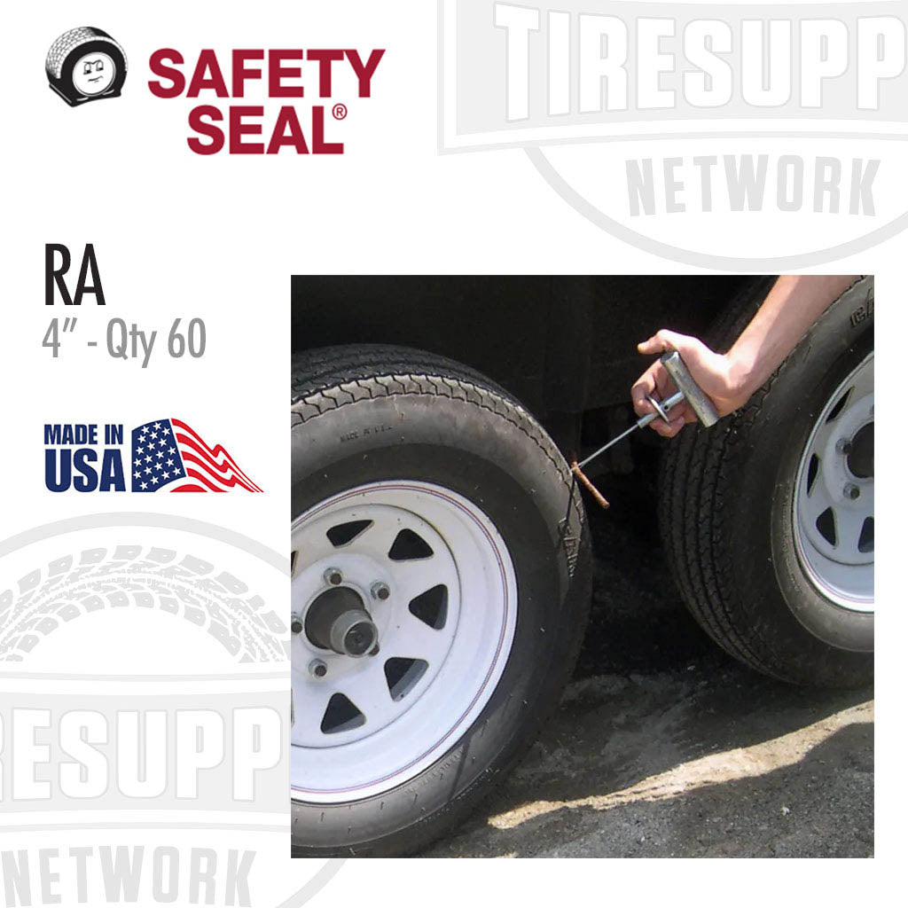 Safety Seal product with a tire being worked on, featuring the Safety Seal logo and 'Made in USA' text. RA