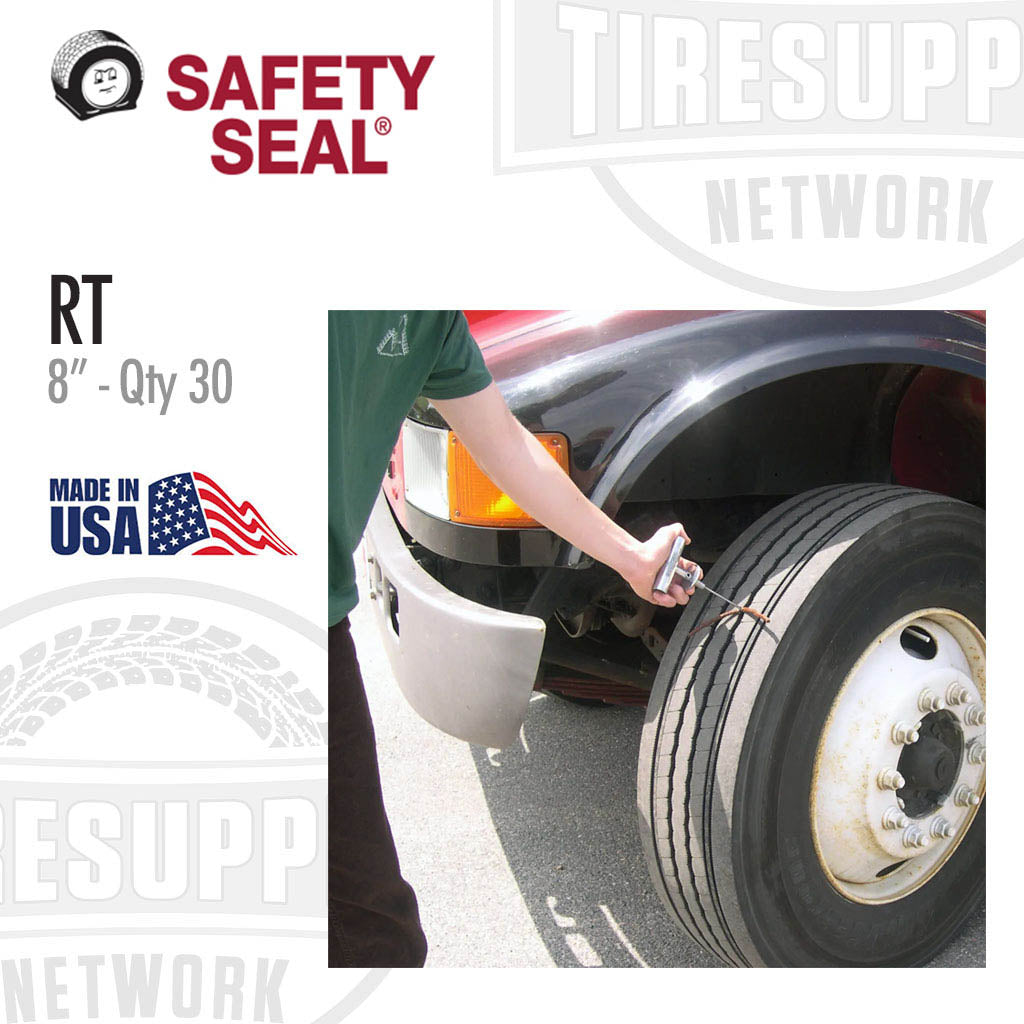 Safety Seal product with a person using it on a tire, featuring the Safety Seal and Tire Supply Network logos. RT